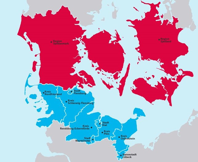 Kort over det område, som borgerprojektfonden dækker. Kortet viser Region Syddanmark, Region Sjælland og den nordlige del af Schleswig-Holstein.